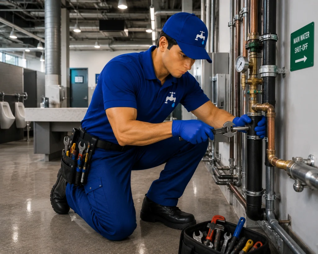 Commercial plumbing repair and maintenance service performed by Plumbing Florida inside a commercial building.