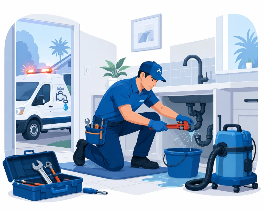 Emergency plumber repairing a burst pipe inside a Florida home with professional plumbing tools – Plumbing Florida.