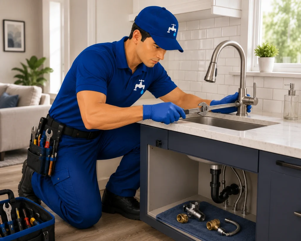 Expert plumber repairing a kitchen faucet and plumbing fixtures inside a modern Florida home.