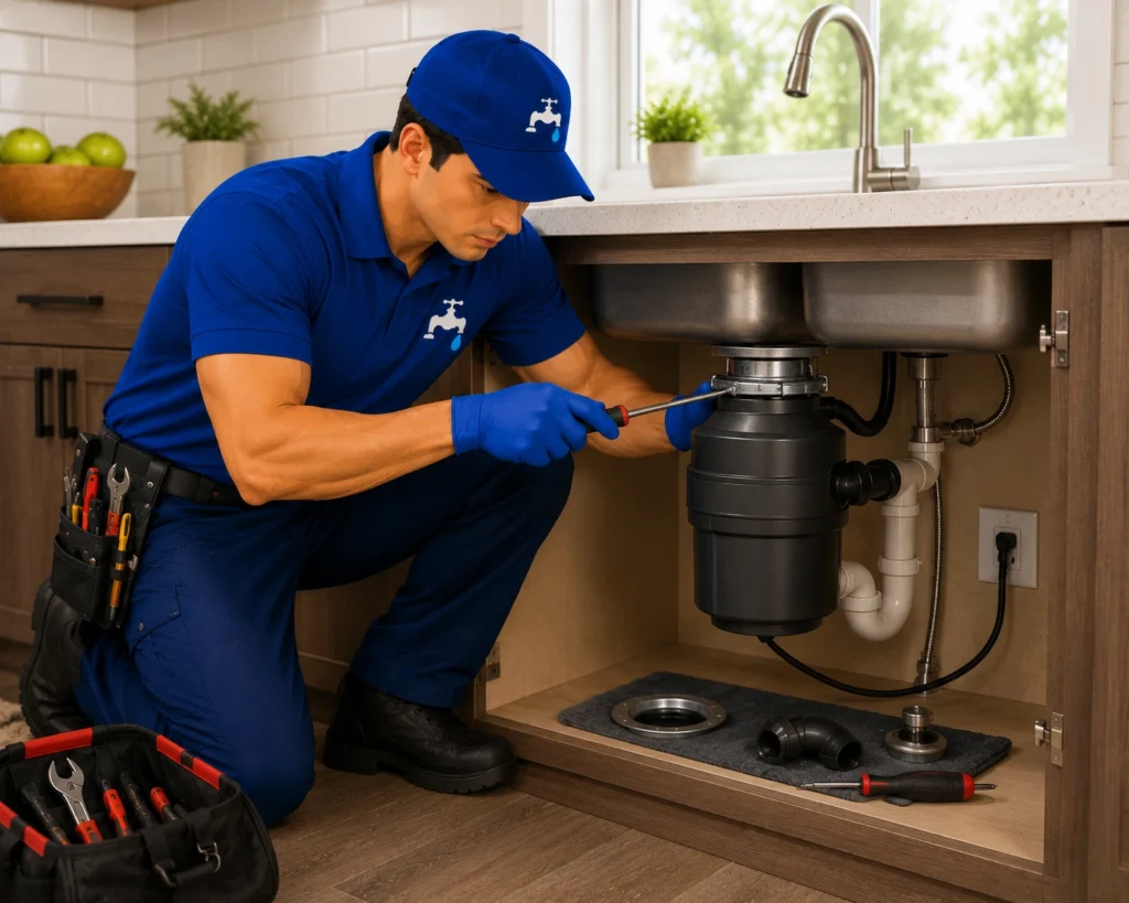 Professional garbage disposal repair service underneath a kitchen sink by Plumbing Florida in Florida.