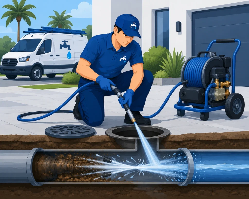 Professional hydro jetting service cleaning clogged sewer and drain pipes with high-pressure water in Florida.