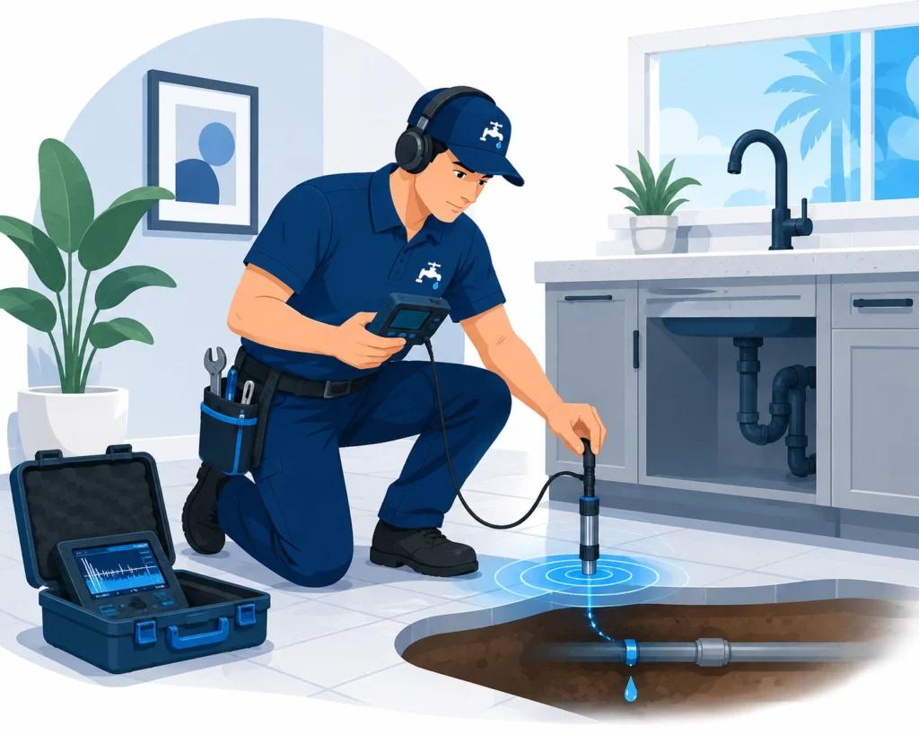 Professional leak detection service using advanced plumbing equipment to locate hidden water leaks in a Florida home.