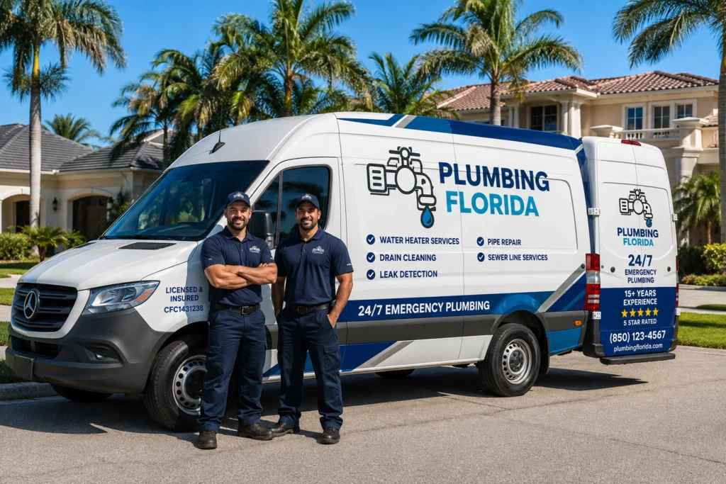 Plumbing Florida emergency plumbing service van parked outside a modern Florida home with professional plumbers ready to help.
