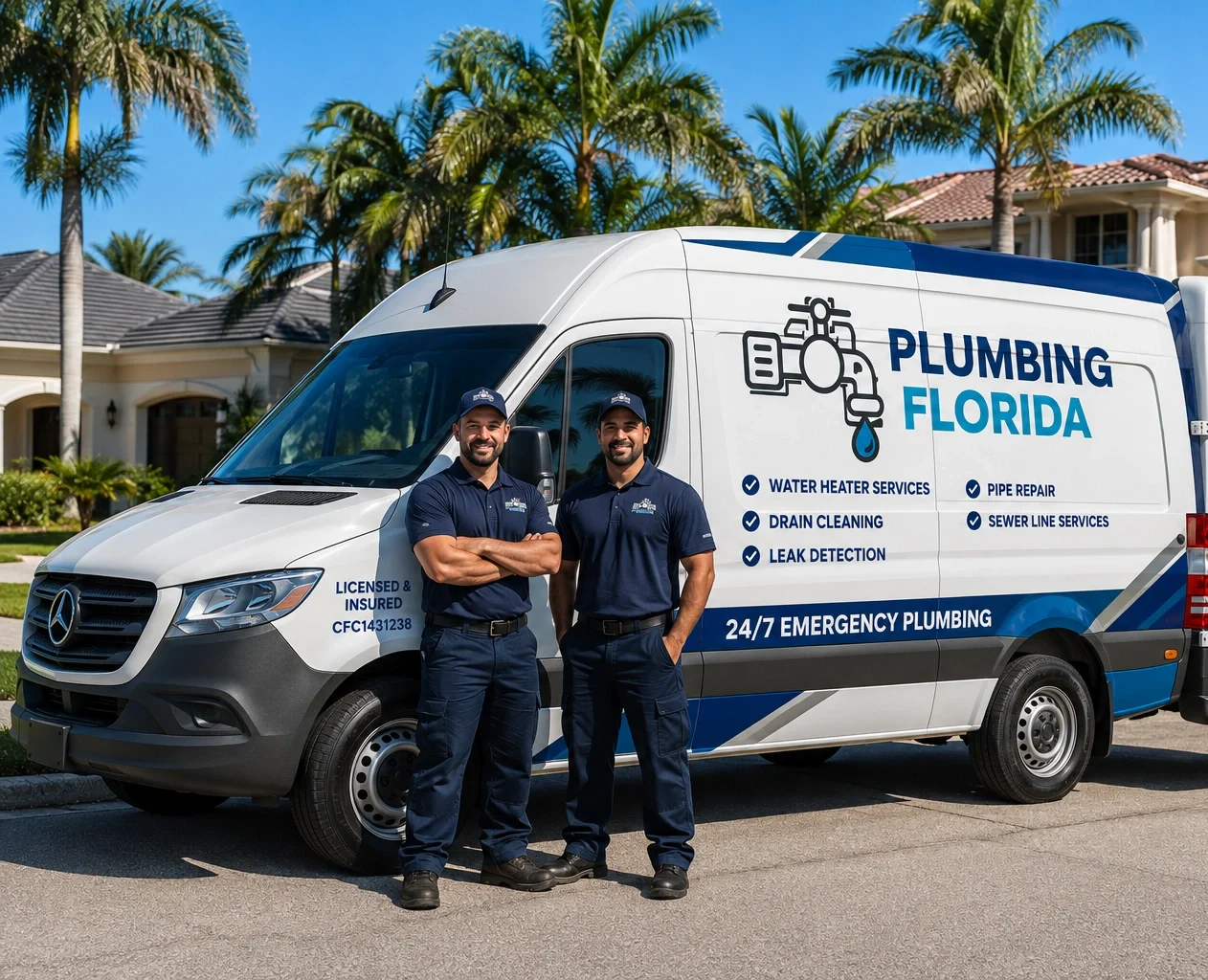 Plumbing Florida emergency plumbing service van parked outside a modern Florida home with professional plumbers ready to help.