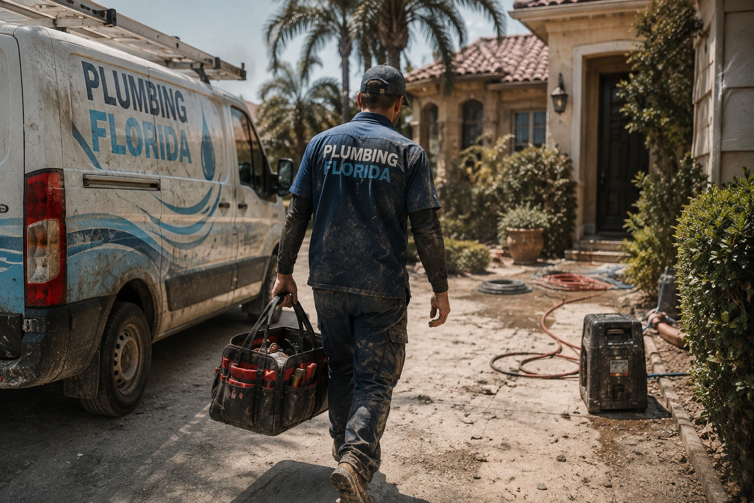 Plumbing Florida service van with professional plumbers parked at a Florida residential property