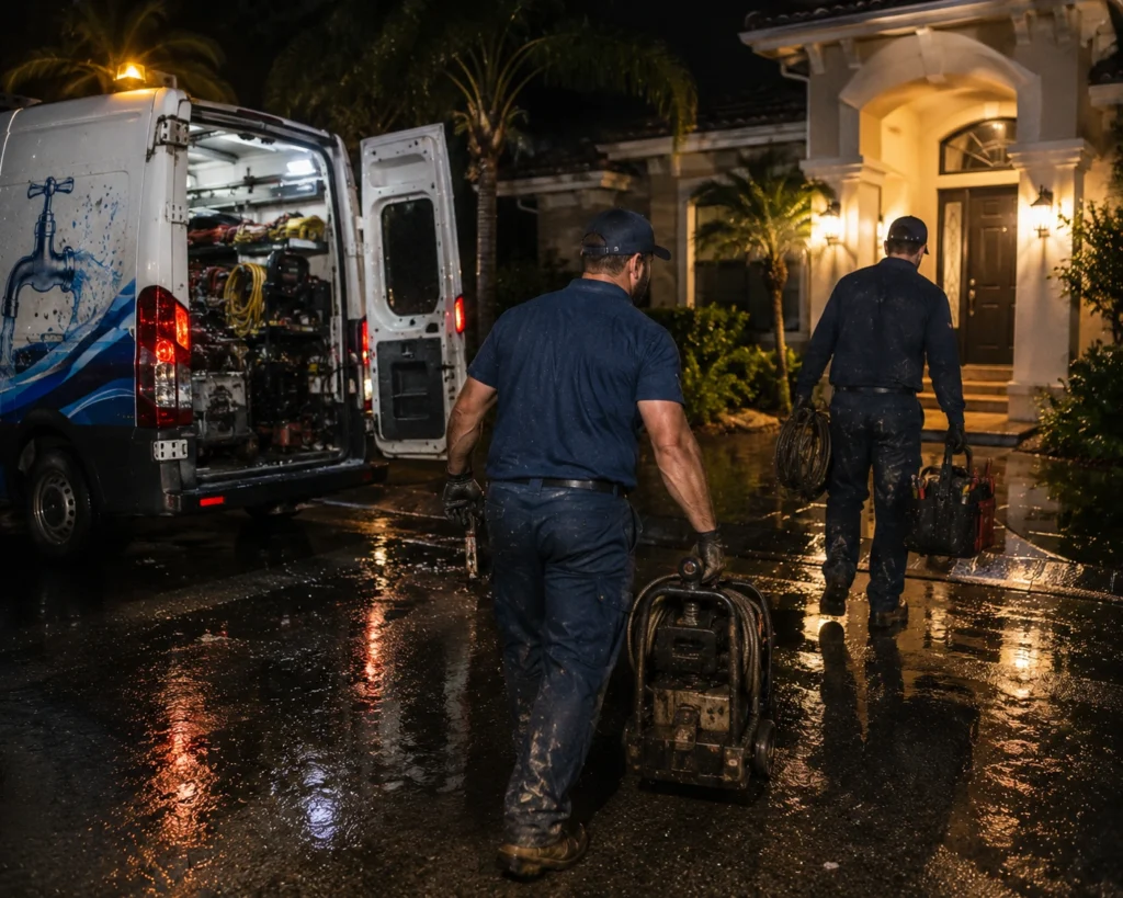 Professional plumber arriving at a Florida home with a toolbox for a residential plumbing service call