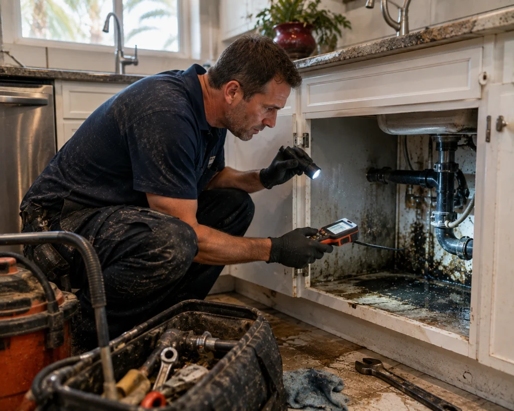 Professional plumber repairing a garbage disposal beneath a residential kitchen sink