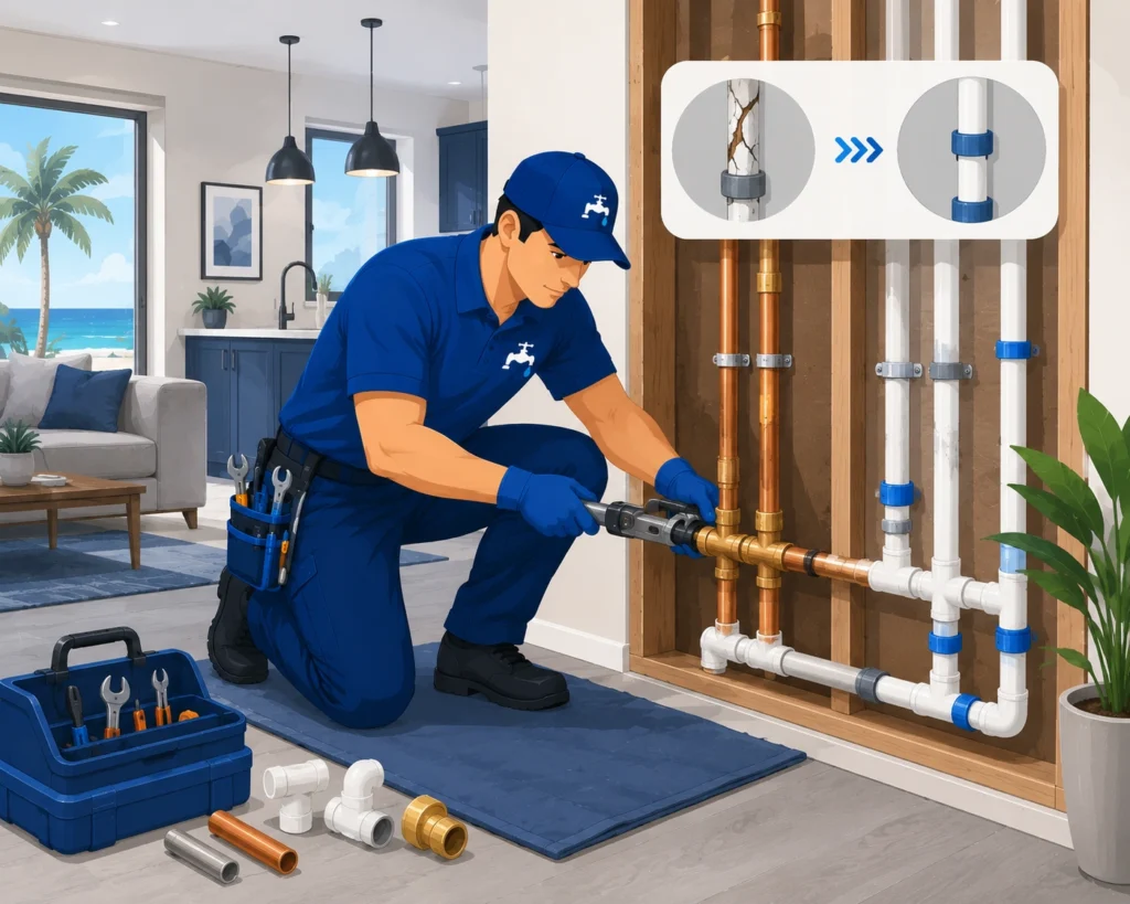 Professional repiping and polybutylene pipe replacement service inside a Florida home by Plumbing Florida.