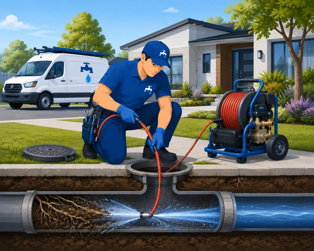 Experienced plumber repairing a damaged residential sewer line using professional equipment in Florida.