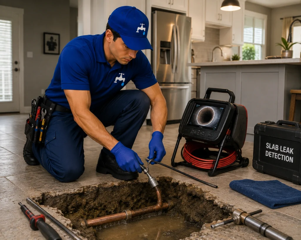 Expert plumber repairing a slab leak beneath a home's concrete foundation in Florida using professional equipment.