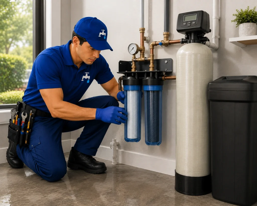 Professional water filtration and water softener installation service in a Florida home by Plumbing Florida.