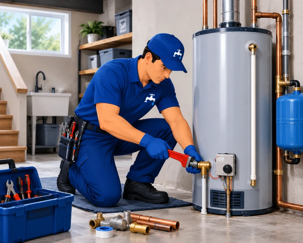 Professional plumber repairing and installing a residential water heater in a Florida home.